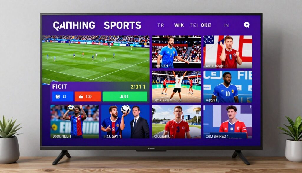 Generate an image of a TV screen displaying a sports channel with high-quality streaming. Generate an image of a TV screen displaying a sports channel with high-quality streaming.