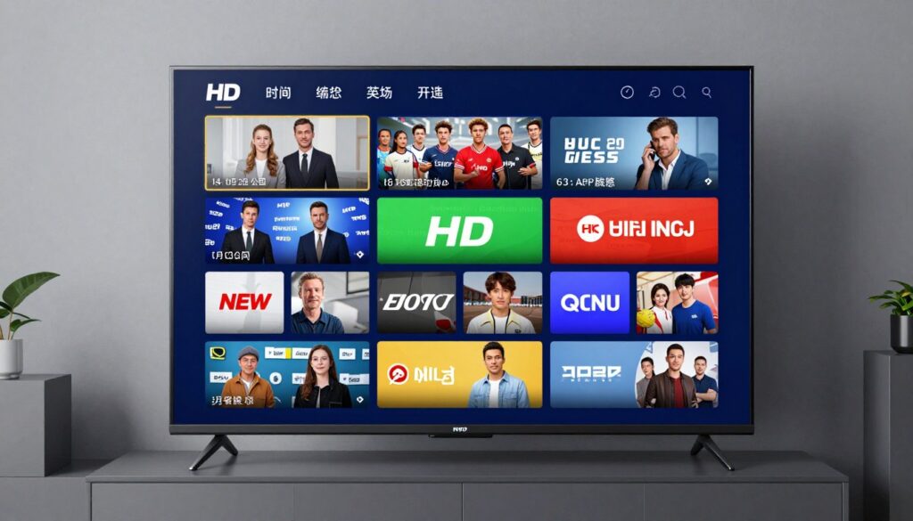 Generate an image of a TV screen displaying multiple HD channels simultaneously.