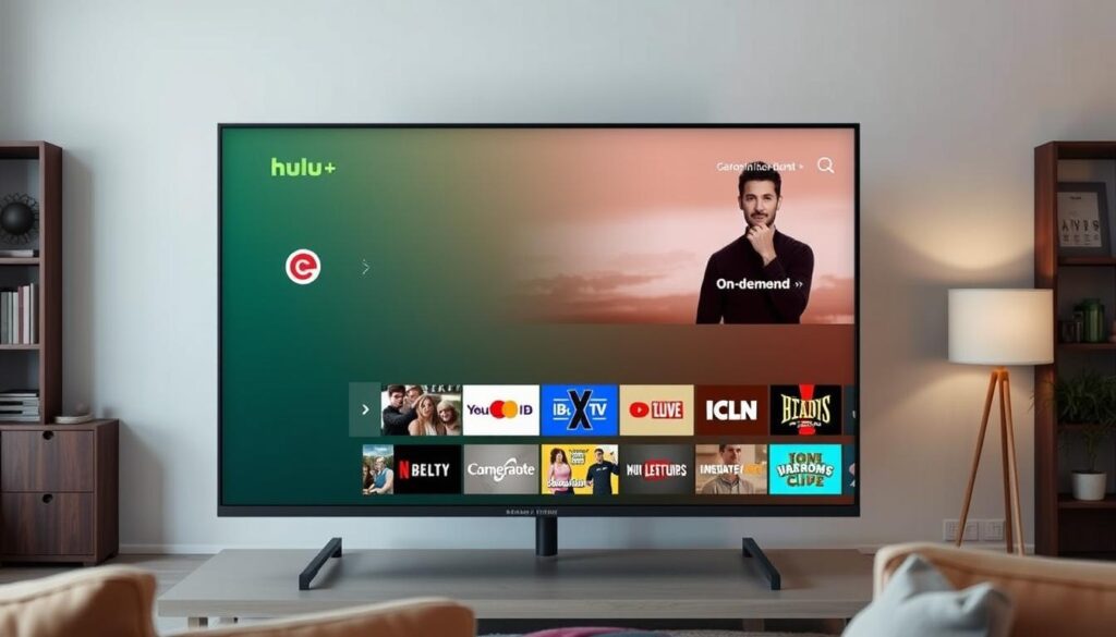 Generate an image of a TV screen displaying the Hulu + Live TV interface with various channels and on-demand content.
