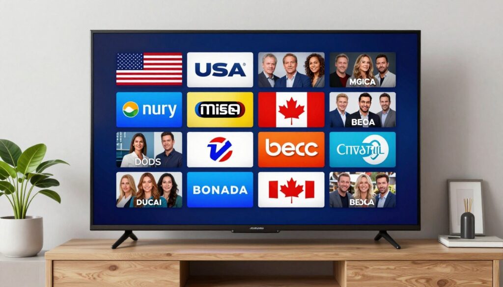 Generate an image of a TV screen displaying various USA and Canadian channels. Generate an image of a TV screen displaying various USA and Canadian channels.