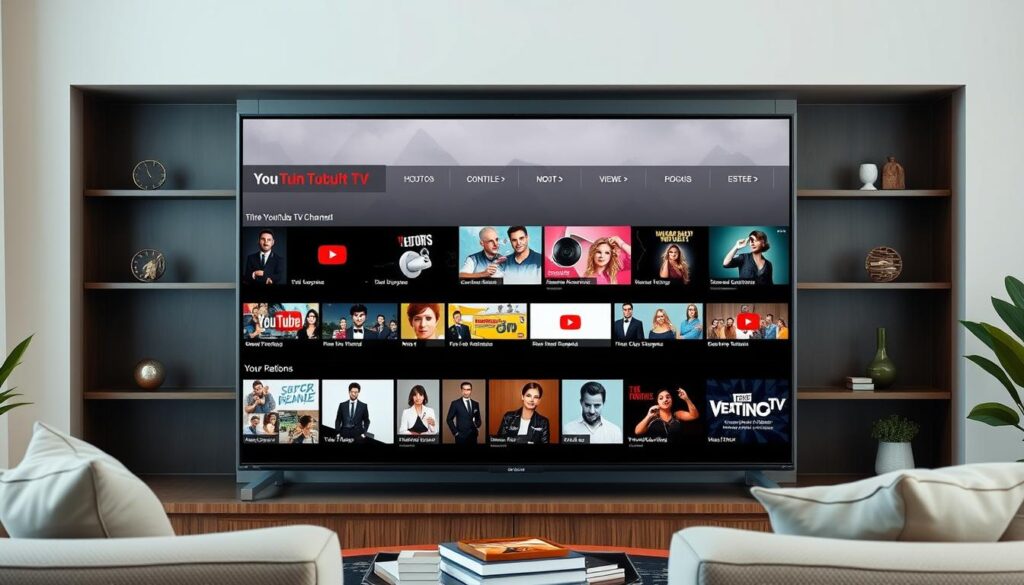 Generate an image of a TV screen displaying various YouTube TV channels