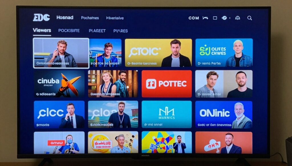 Generate an image of a TV screen displaying various channels with a subscription plan interface. Generate an image of a TV screen displaying various channels with a subscription plan interface.