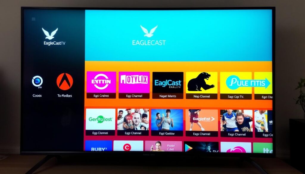 Generate an image of a TV screen displaying various international channels available on EagleCast TV.