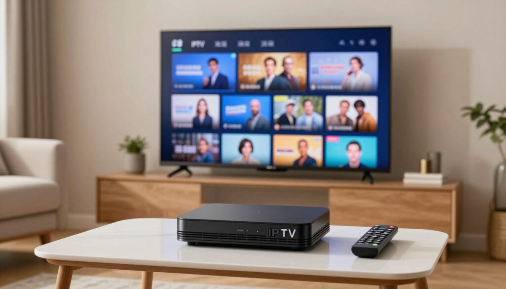 Generate an image of a budget-friendly IPTV setup with multiple channels displayed on a TV screen.