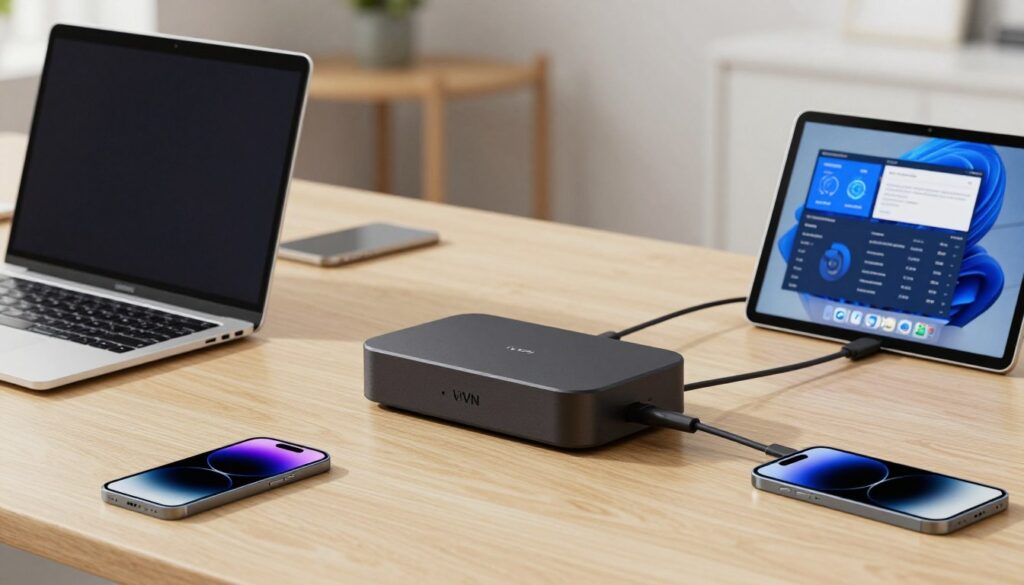 Generate an image of a compact, sleek VPN device with multiple device connections