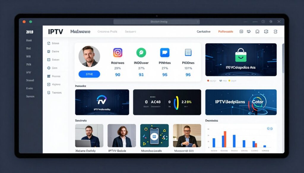 Generate an image of a dashboard displaying various IPTV middleware features. Generate an image of a dashboard displaying various IPTV middleware features.