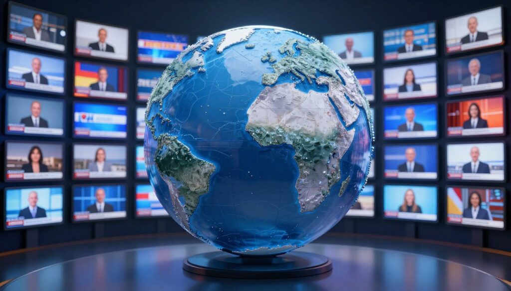 Generate an image of a globe surrounded by various TV screens displaying different international channels. Generate an image of a globe surrounded by various TV screens displaying different international channels.