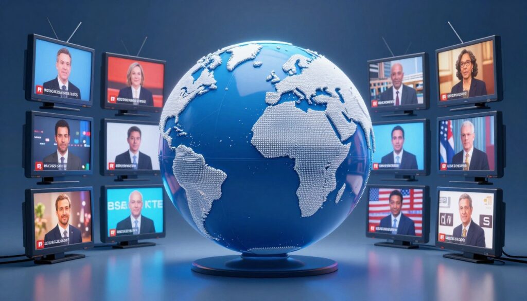 Generate an image of a globe with various TV channels displayed on screens around it, symbolising international content access.