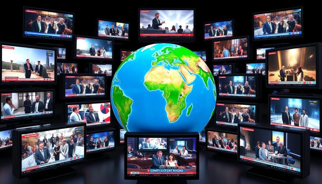 Generate an image of a globe with various TV screens displaying different channels around it. Generate an image of a globe with various TV screens displaying different channels around it.