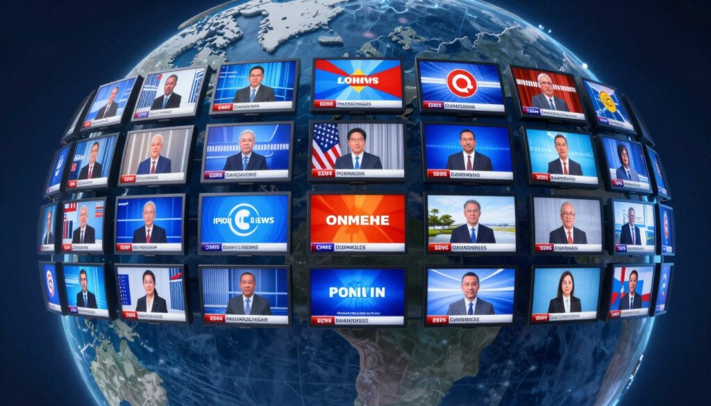 Generate an image of a globe with various TV screens displaying different international channels.