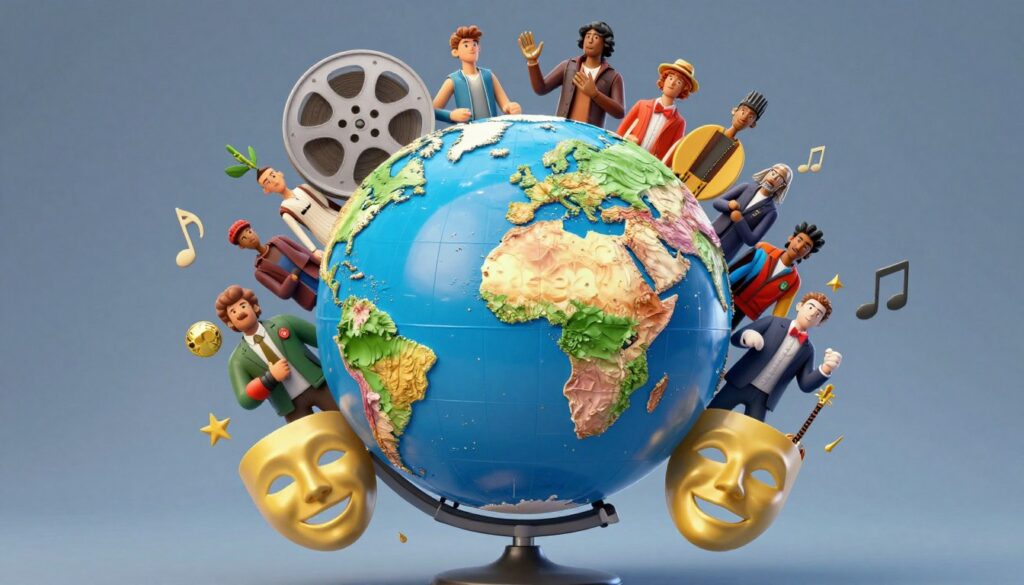 Generate an image of a globe with various entertainment icons surrounding it, symbolizing global entertainment.