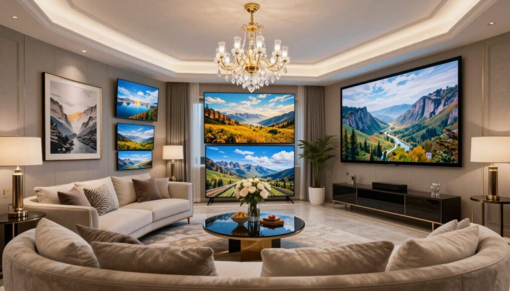 Generate an image of a luxurious living room with multiple screens displaying different content. Generate an image of a luxurious living room with multiple screens displaying different content.