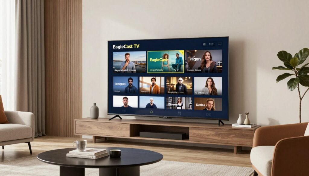 Generate an image of a modern living room with a large screen TV displaying EagleCast TV's channel lineup
