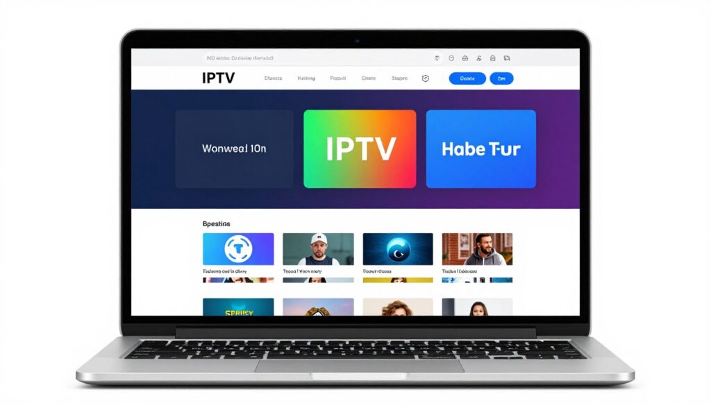 Generate an image of a modern web-based IPTV player interface on a sleek laptop screen.
