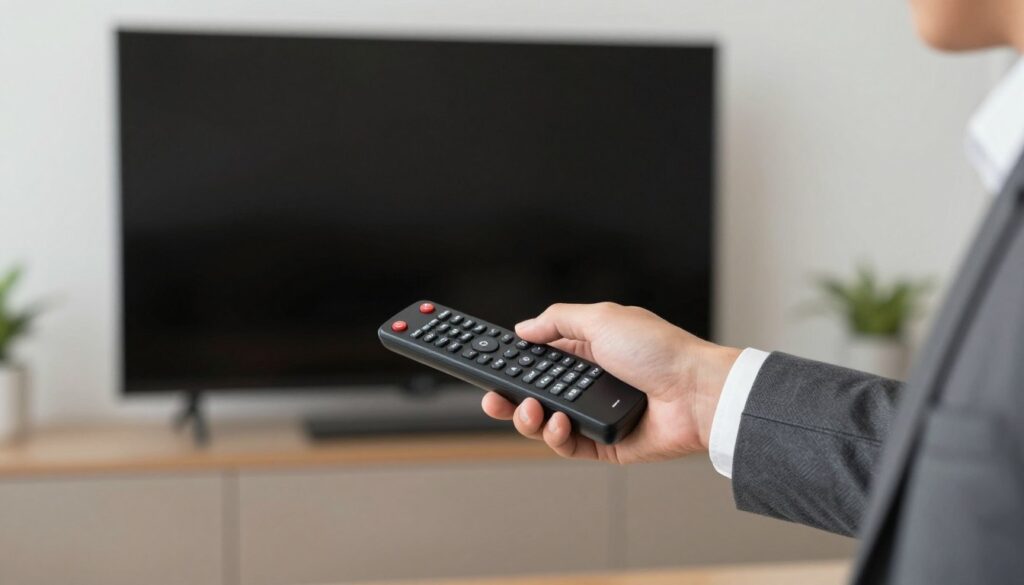 Generate an image of a person adjusting TV settings on their remote control.