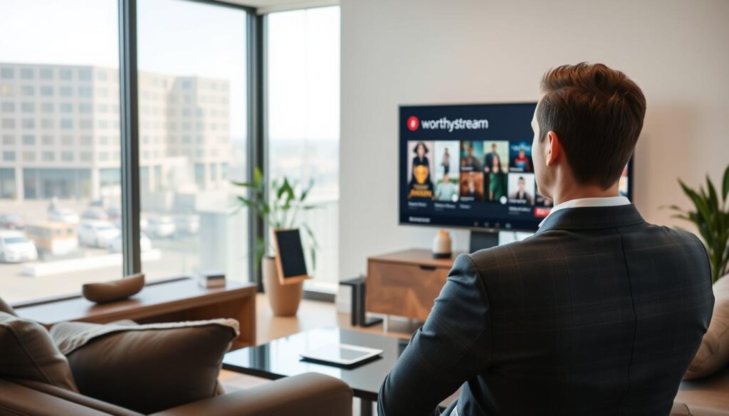 Generate an image of a person browsing through Worthystream's VOD library on their TV.