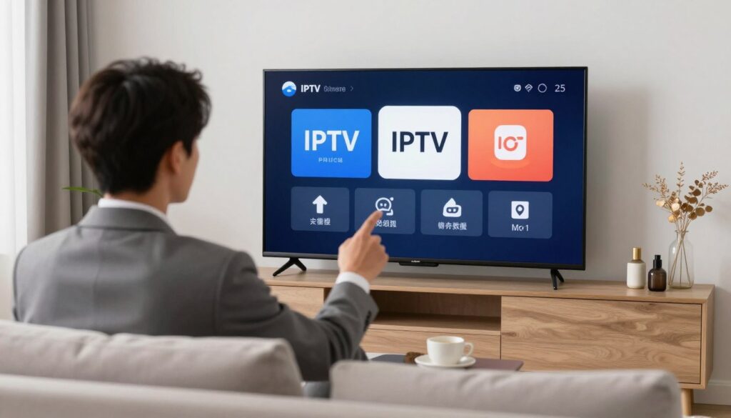 Generate an image of a person choosing an IPTV service on their TV Generate an image of a person choosing an IPTV service on their TV