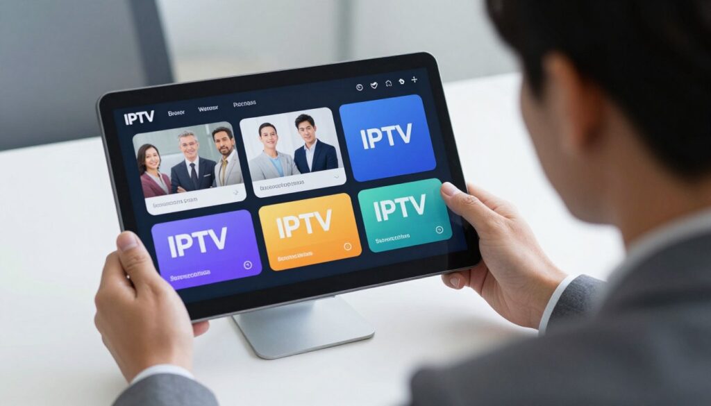 Generate an image of a person choosing from various IPTV subscription packages. Generate an image of a person choosing from various IPTV subscription packages.