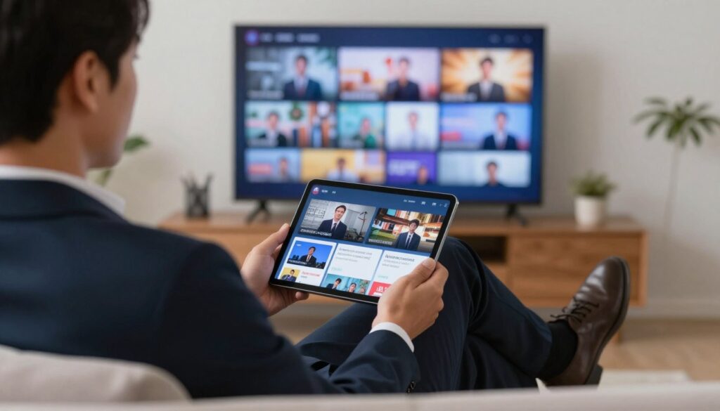 Generate an image of a person comfortably watching TV on their device with a variety of channels on the screen.