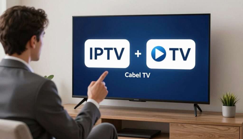 Generate an image of a person comparing IPTV and cable TV options on their TV