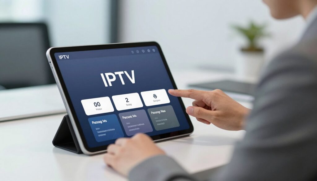 Generate an image of a person customizing their IPTV package on a tablet. Generate an image of a person customizing their IPTV package on a tablet.