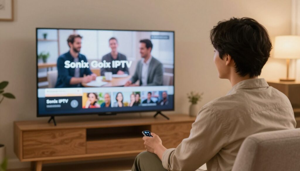 Generate an image of a person enjoying 4K content on their TV via Sonix IPTV Generate an image of a person enjoying 4K content on their TV via Sonix IPTV