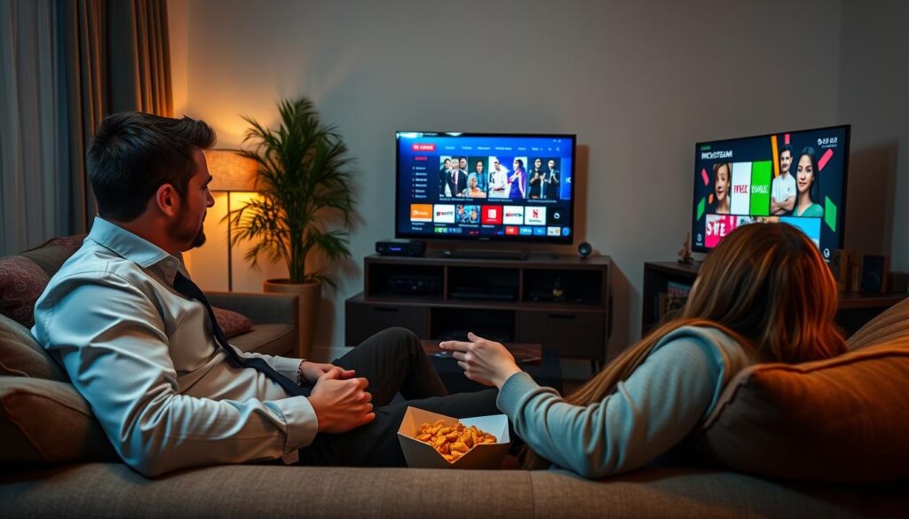 Generate an image of a person enjoying a TV show marathon with Bunnystream IPTV on their Firestick.