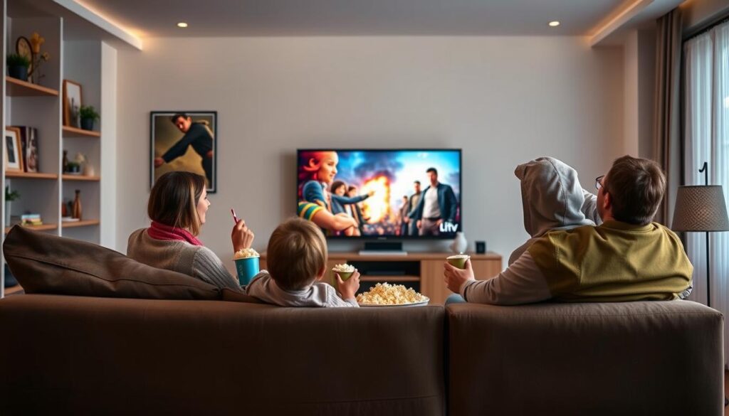 Generate an image of a person enjoying a family movie night with Trendyscreen IPTV on their Smart TV.