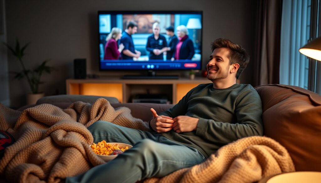 Generate an image of a person enjoying a movie night with Tellystudio IPTV on their Firestick.