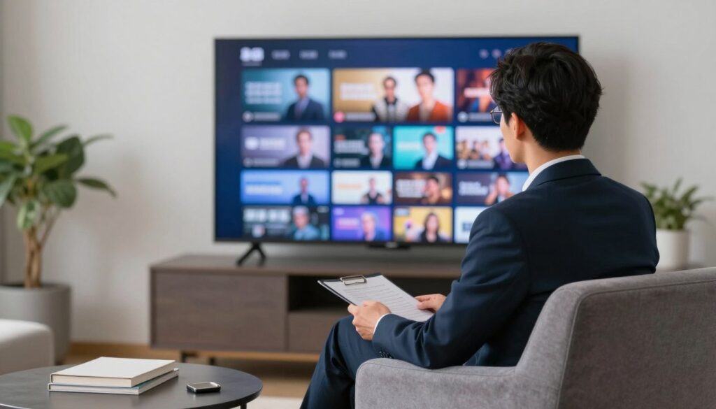 Generate an image of a person enjoying a vast array of TV channels and on-demand content on their living room TV.