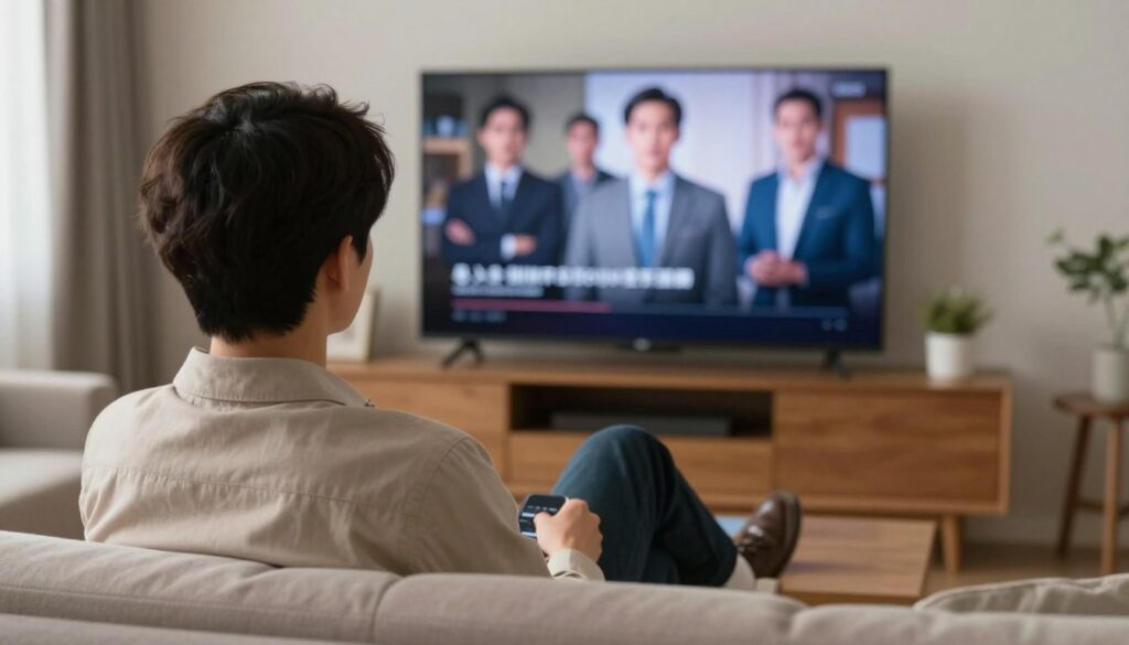 Generate an image of a person enjoying their favourite TV series on a smart TV.