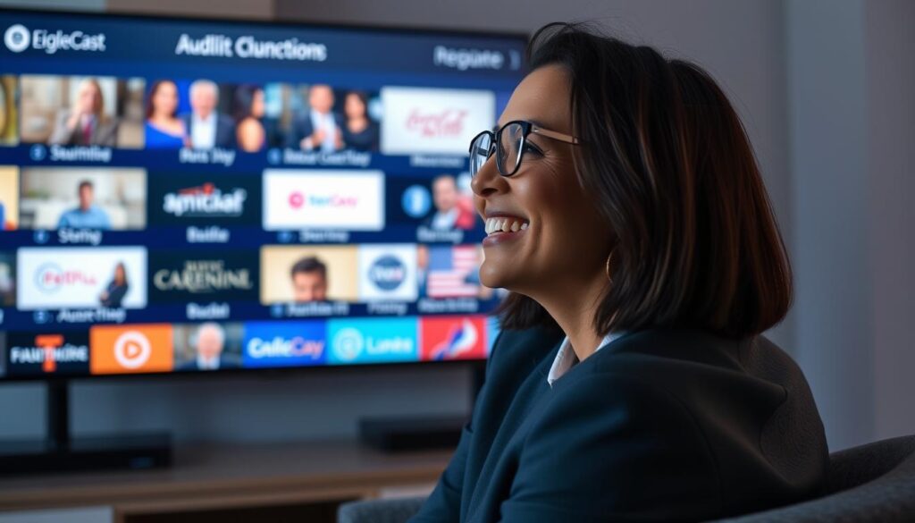 Generate an image of a person enjoying their favourite TV show on EagleCast TV with a variety of channels on the screen. Generate an image of a person enjoying their favourite TV show on EagleCast TV with a variety of channels on the screen.