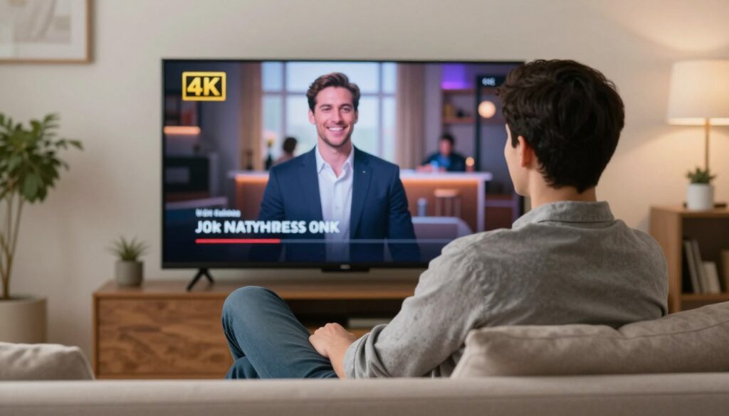 Generate an image of a person enjoying their favourite TV show on a 4K TV using XCodes IPTV
