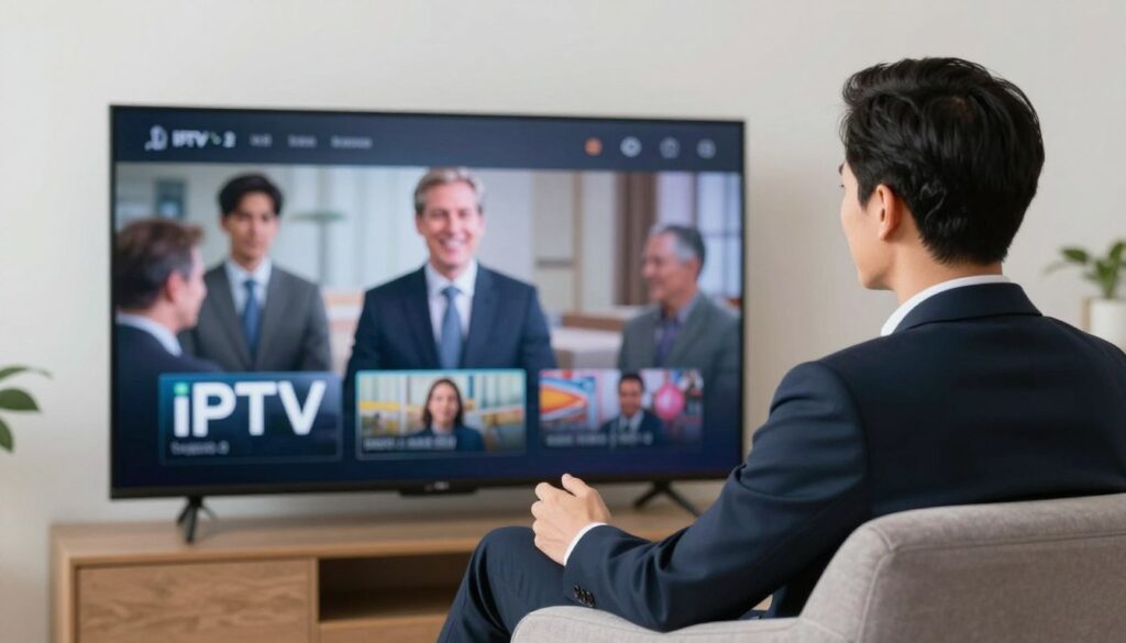 Generate an image of a person enjoying their favourite TV show on a 4K TV with a satisfied expression, representing a seamless IPTV experience. Generate an image of a person enjoying their favourite TV show on a 4K TV with a satisfied expression, representing a seamless IPTV experience.