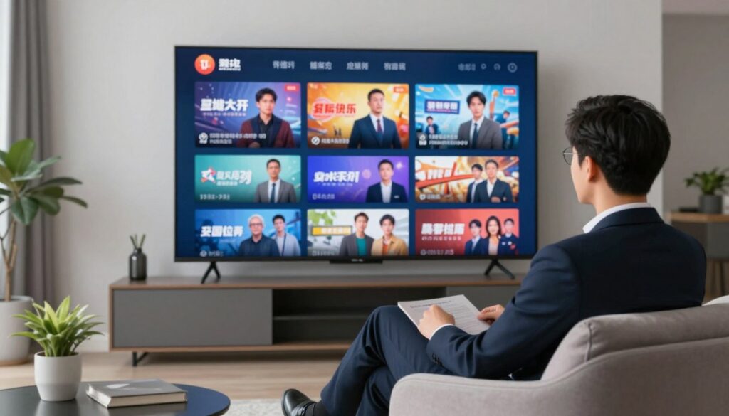 Generate an image of a person enjoying their favourite TV show on a large screen with a variety of channels and content displayed.