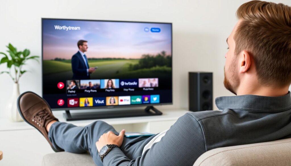 Generate an image of a person enjoying their favourite TV show on a smart TV using Worthystream IPTV service. Generate an image of a person enjoying their favourite TV show on a smart TV using Worthystream IPTV service.