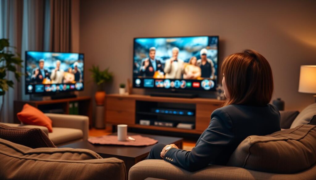 Generate an image of a person enjoying their favourite TV show on a smart TV using the TiVistation IPTV service. Generate an image of a person enjoying their favourite TV show on a smart TV using the TiVistation IPTV service.