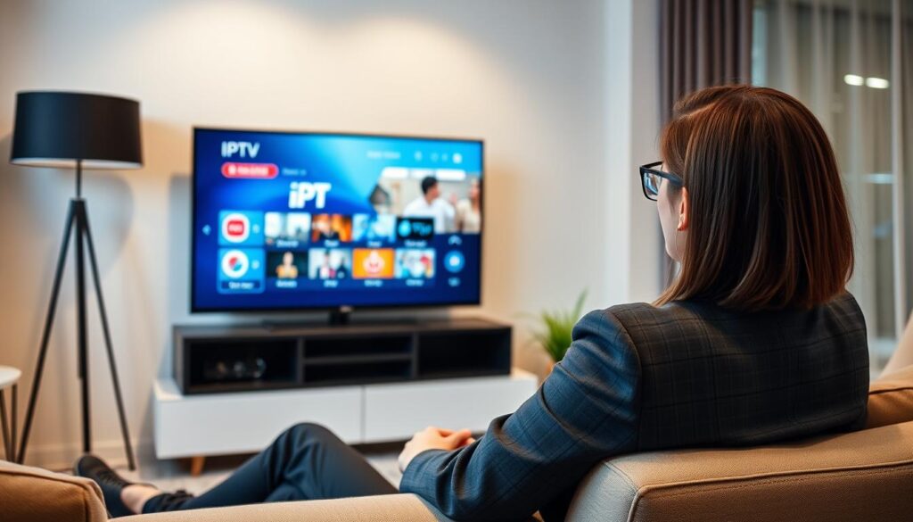 Generate an image of a person enjoying their favourite TV show on a smart TV with IPTV Trends interface on the screen. Generate an image of a person enjoying their favourite TV show on a smart TV with IPTV Trends interface on the screen.