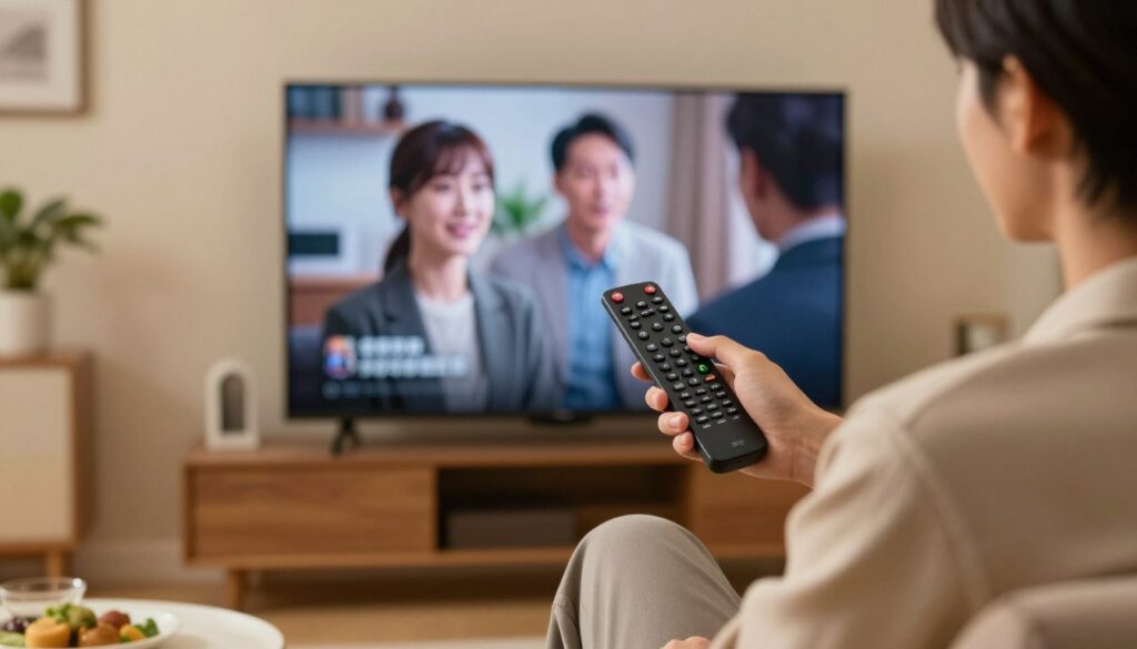 Generate an image of a person enjoying their favourite TV show on a smart TV with a sleek remote control.
