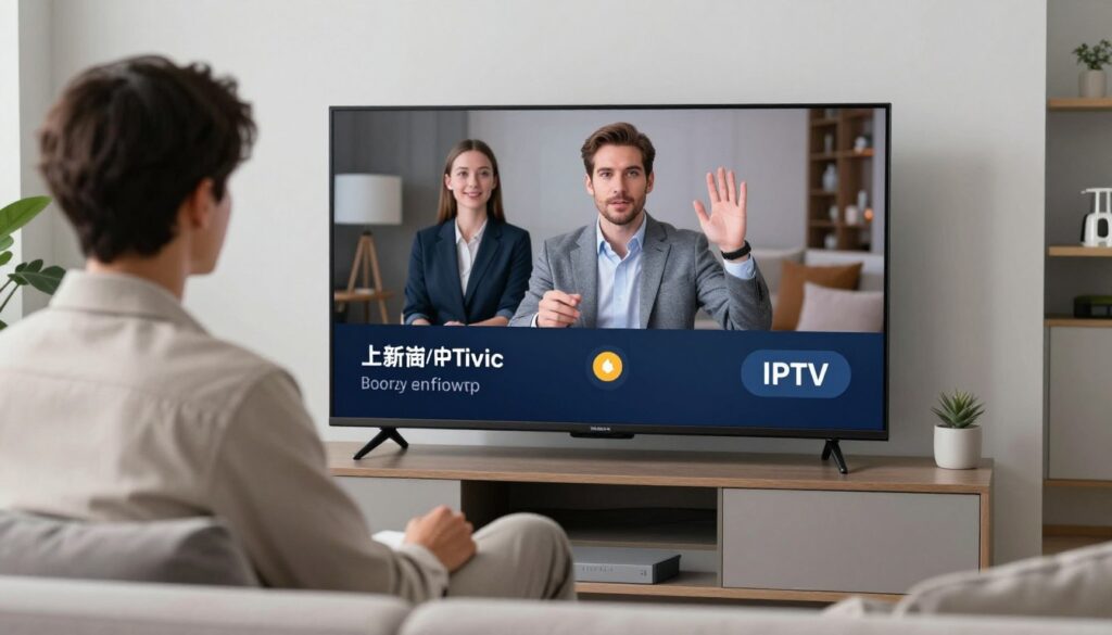 Generate an image of a person enjoying their favourite TV show on a smart TV with a stable IPTV connection.