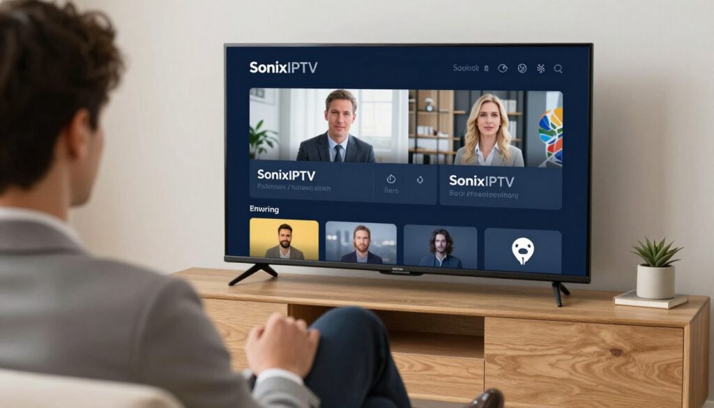 Generate an image of a person enjoying their favourite TV show on a smart TV, with the SonixIPTV interface on the screen.