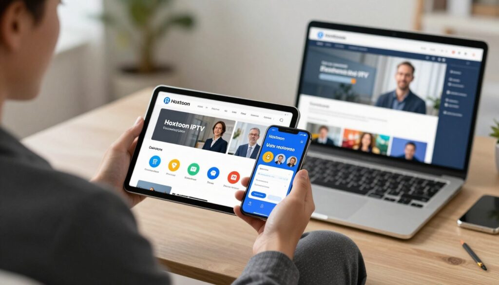 Generate an image of a person enjoying their favourite TV show on multiple devices with a Hoxtoon IPTV subscription
