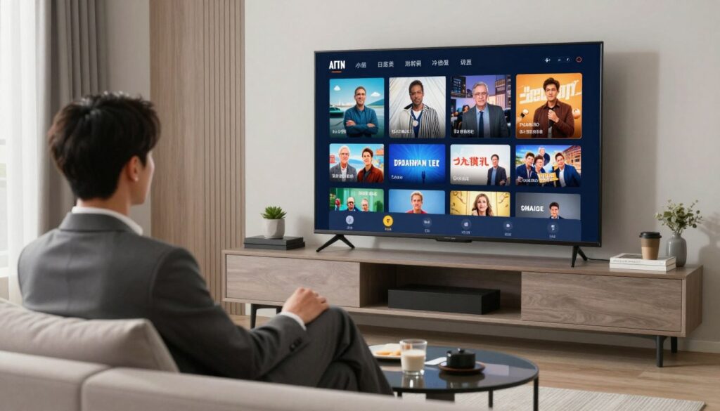 Generate an image of a person enjoying their favourite TV show on multiple devices with a vast library of content on the screen.