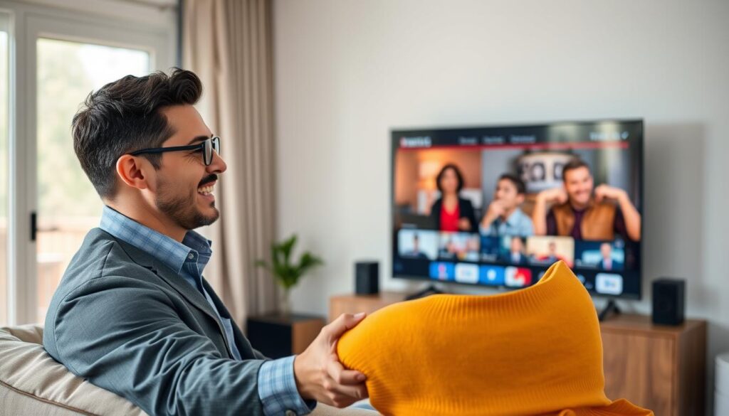 Generate an image of a person happily streaming their favourite TV show on a smart TV.