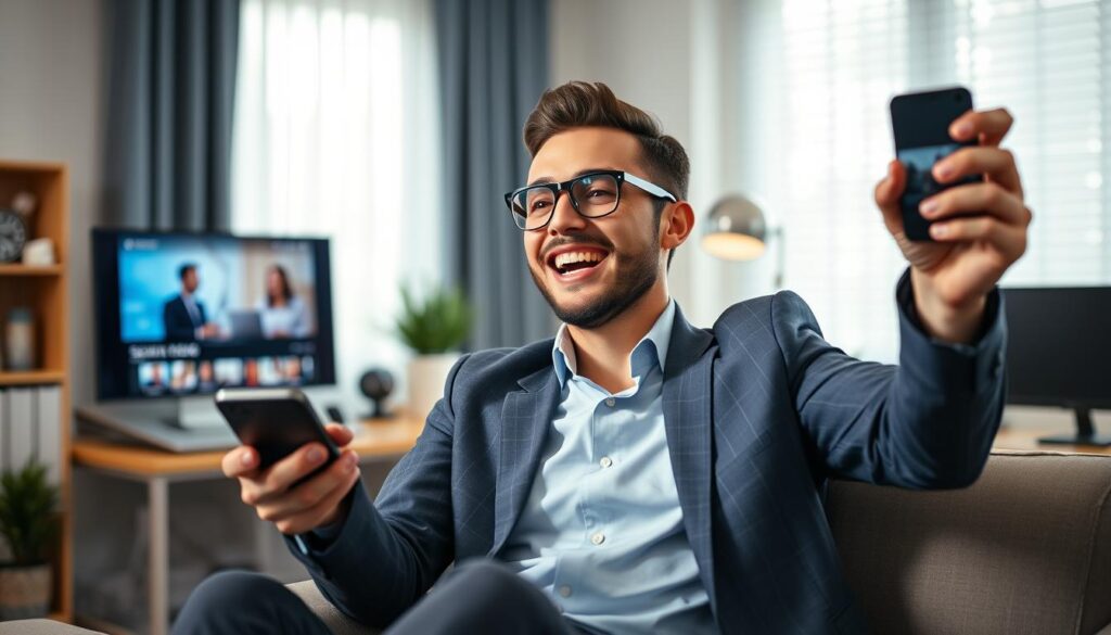 Generate an image of a person happily streaming their favourite content using IPTV Trends on multiple devices.