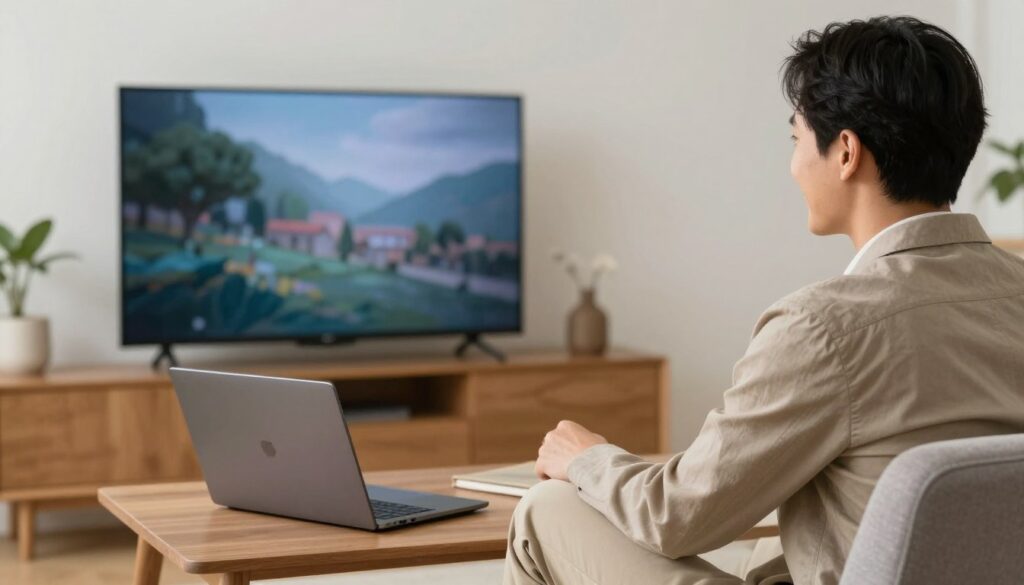 Generate an image of a person happily watching TV on a budget-friendly device.