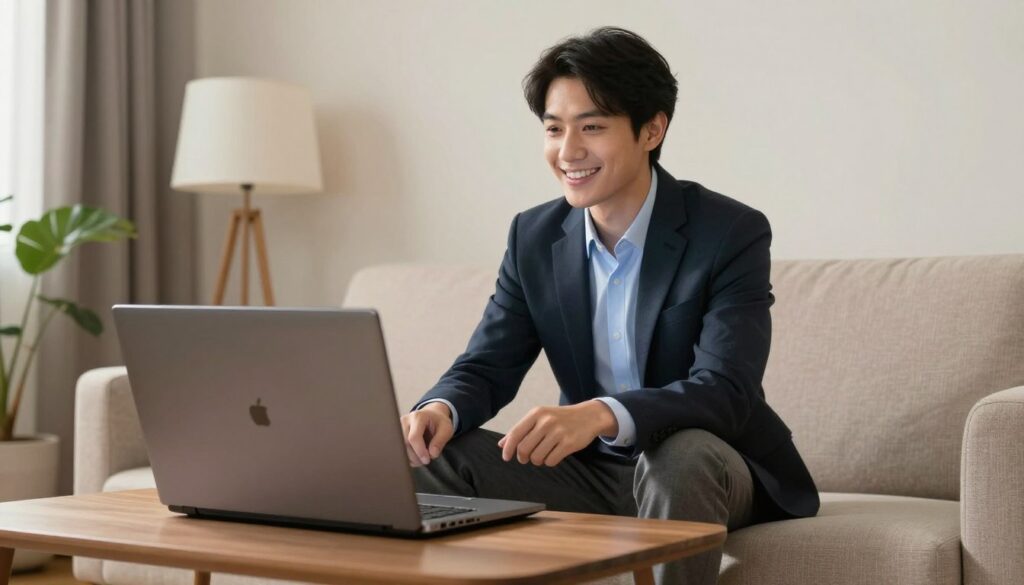 Generate an image of a person happily watching TV on a budget-friendly device