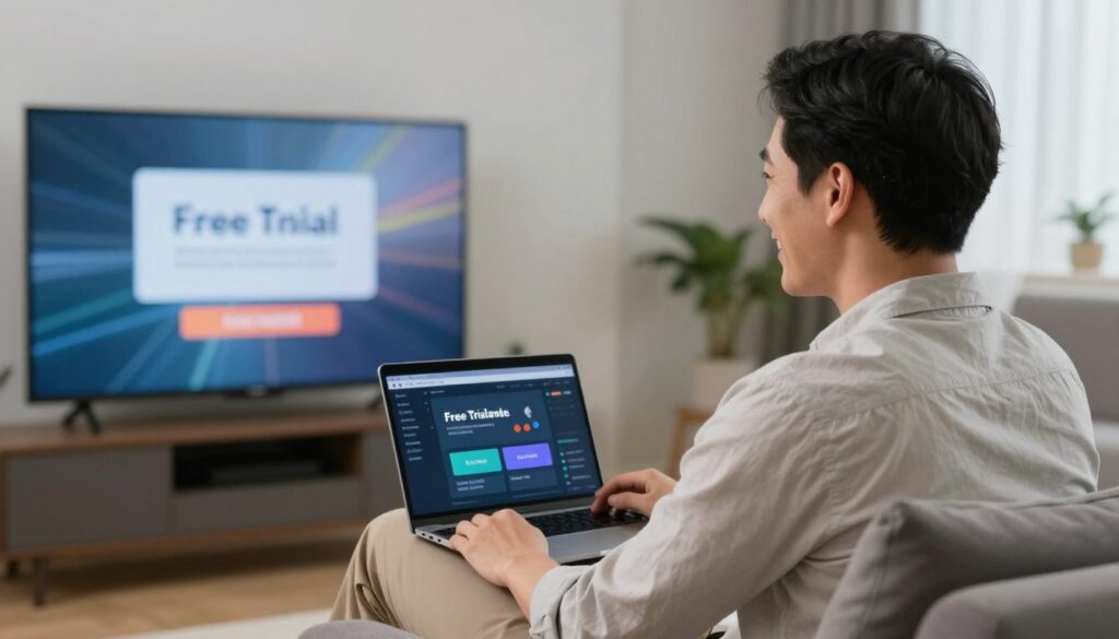 Generate an image of a person happily watching TV on multiple devices during a free trial period.