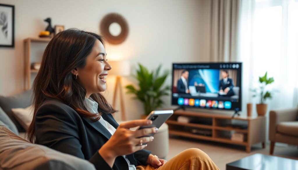 Generate an image of a person happily watching TV on their device during a free trial period.