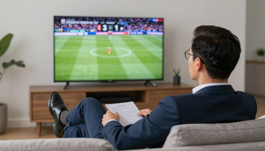 Generate an image of a person relaxing on a couch, watching a high-definition sports match on their TV, courtesy of Pioneers TV.